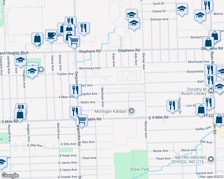map of restaurants, bars, coffee shops, grocery stores, and more near 2354 Reba Avenue in Warren