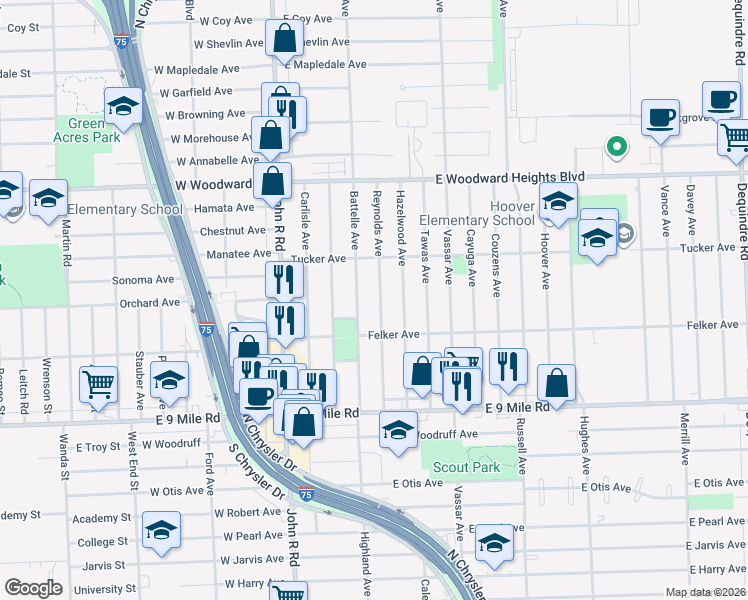 map of restaurants, bars, coffee shops, grocery stores, and more near 23377 Reynolds Avenue in Hazel Park