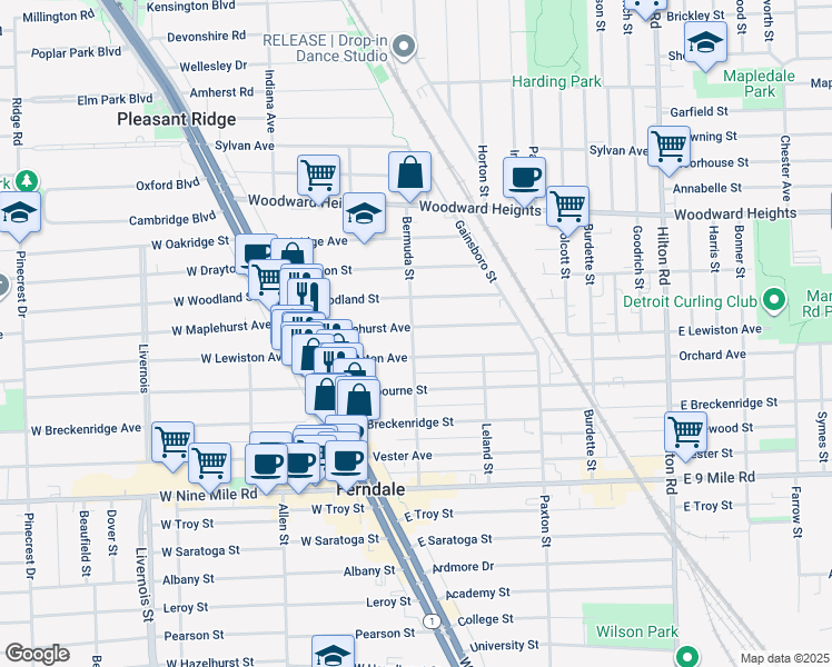 map of restaurants, bars, coffee shops, grocery stores, and more near 402 East Maplehurst Avenue in Ferndale