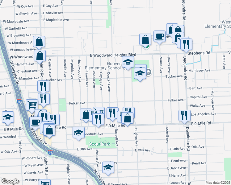 map of restaurants, bars, coffee shops, grocery stores, and more near 23369 Harding Avenue in Hazel Park