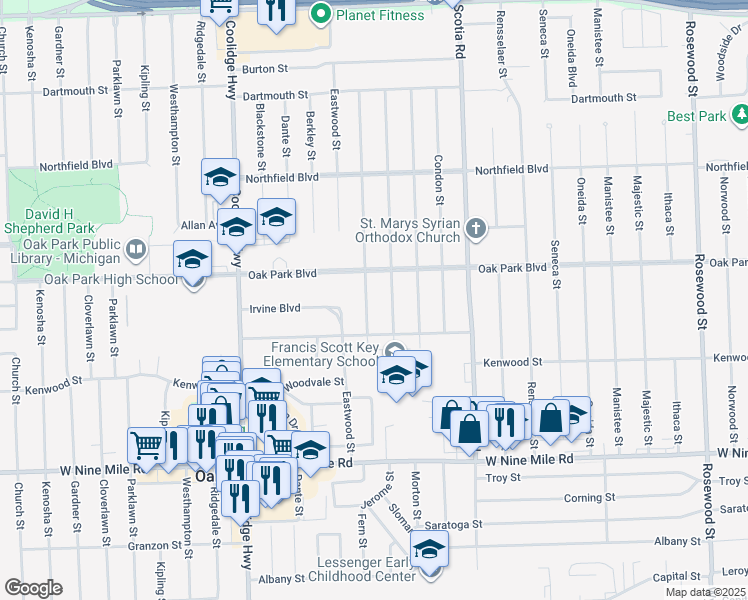 map of restaurants, bars, coffee shops, grocery stores, and more near 23580 Moritz Street in Oak Park
