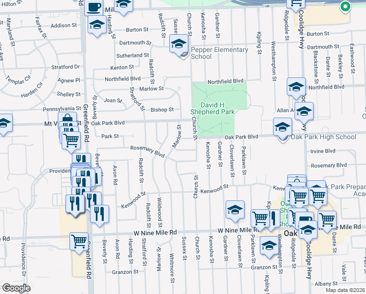 map of restaurants, bars, coffee shops, grocery stores, and more near 14450 Park Street in Oak Park