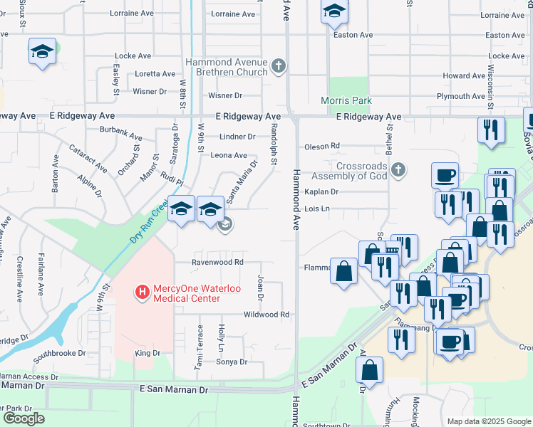 map of restaurants, bars, coffee shops, grocery stores, and more near 1442 Columbus Drive in Waterloo