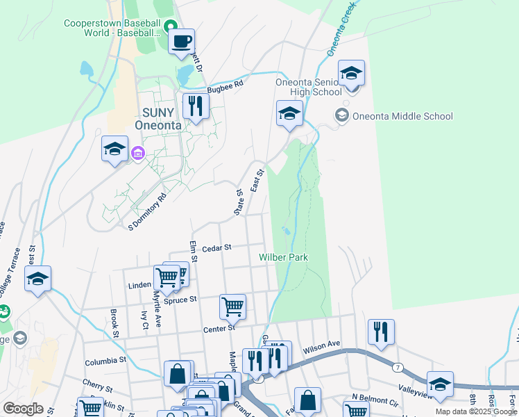 map of restaurants, bars, coffee shops, grocery stores, and more near 51 Union Street in Oneonta