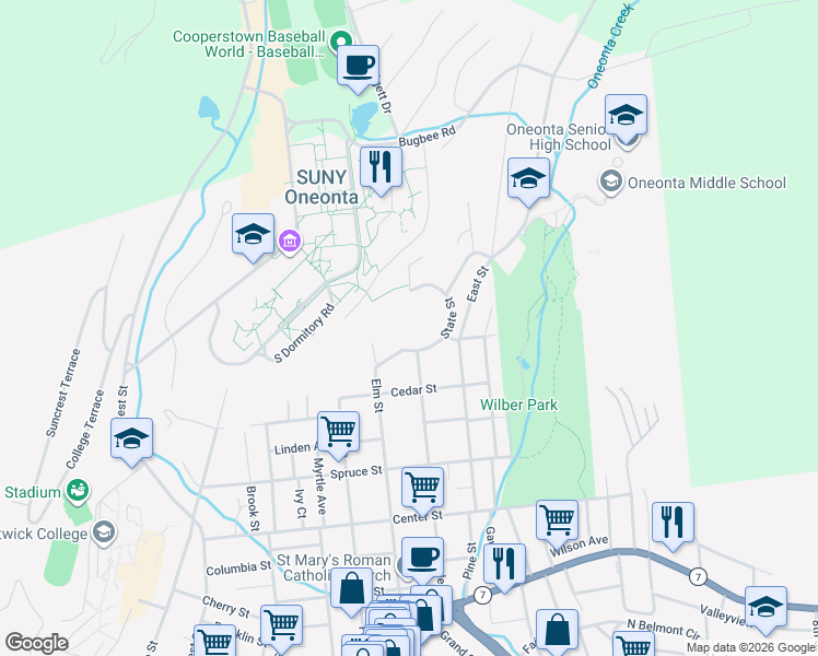 map of restaurants, bars, coffee shops, grocery stores, and more near 7 State Street in Oneonta