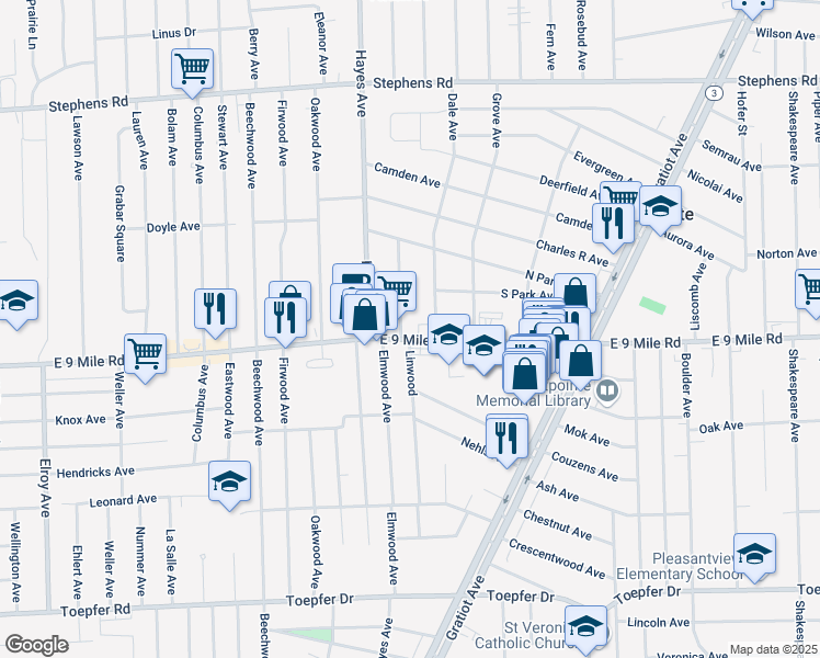 map of restaurants, bars, coffee shops, grocery stores, and more near 15219 East 9 Mile Road in Eastpointe