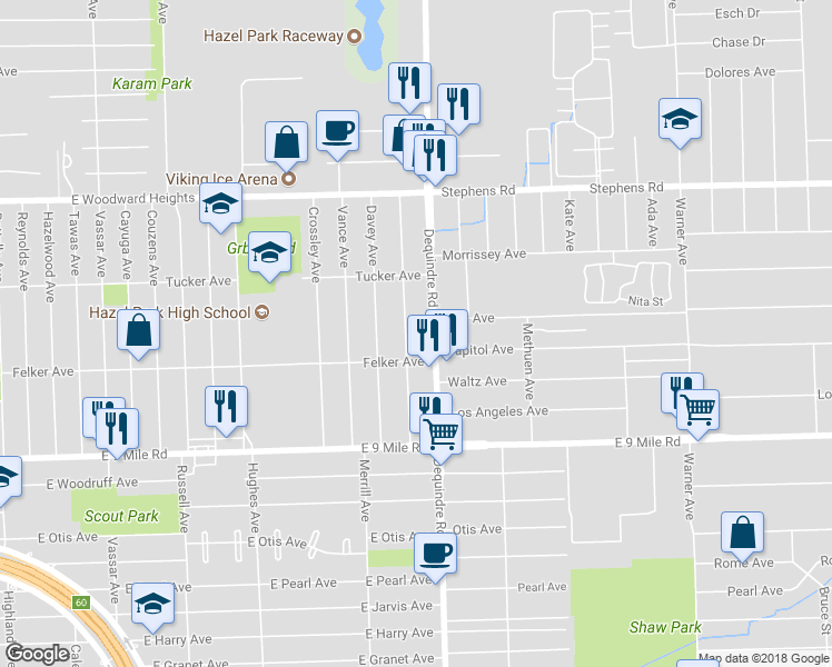 map of restaurants, bars, coffee shops, grocery stores, and more near 23352 Melville Avenue in Hazel Park