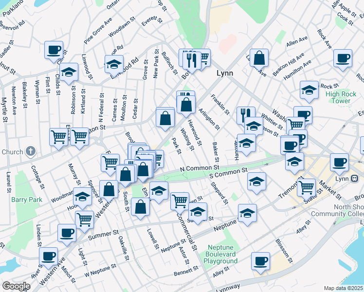 map of restaurants, bars, coffee shops, grocery stores, and more near 39 Park Street in Lynn