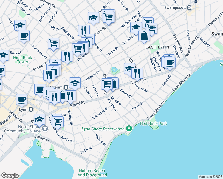 map of restaurants, bars, coffee shops, grocery stores, and more near 200 Massachusetts 129 in Lynn