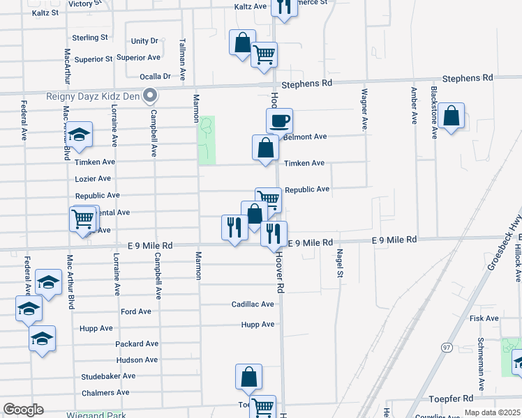 map of restaurants, bars, coffee shops, grocery stores, and more near 11519 Continental Avenue in Warren