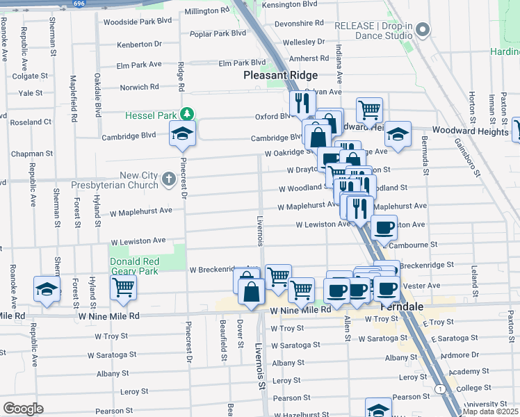 map of restaurants, bars, coffee shops, grocery stores, and more near 341 W Maplehurst Ave in Ferndale