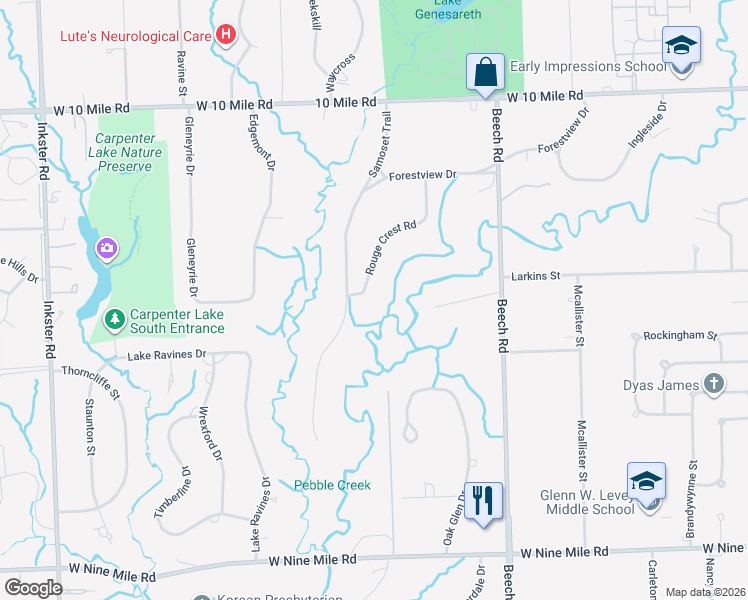 map of restaurants, bars, coffee shops, grocery stores, and more near 24148 Rouge Crest Road in Southfield