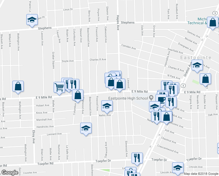 map of restaurants, bars, coffee shops, grocery stores, and more near 14907 East 9 Mile Road in Eastpointe