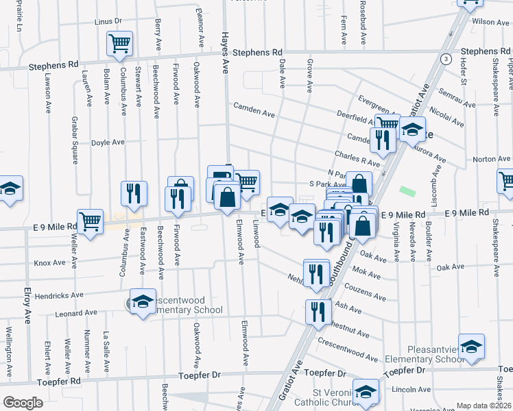 map of restaurants, bars, coffee shops, grocery stores, and more near 15219 East 9 Mile Road in Eastpointe