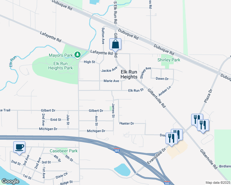 map of restaurants, bars, coffee shops, grocery stores, and more near James Street in Elk Run Heights