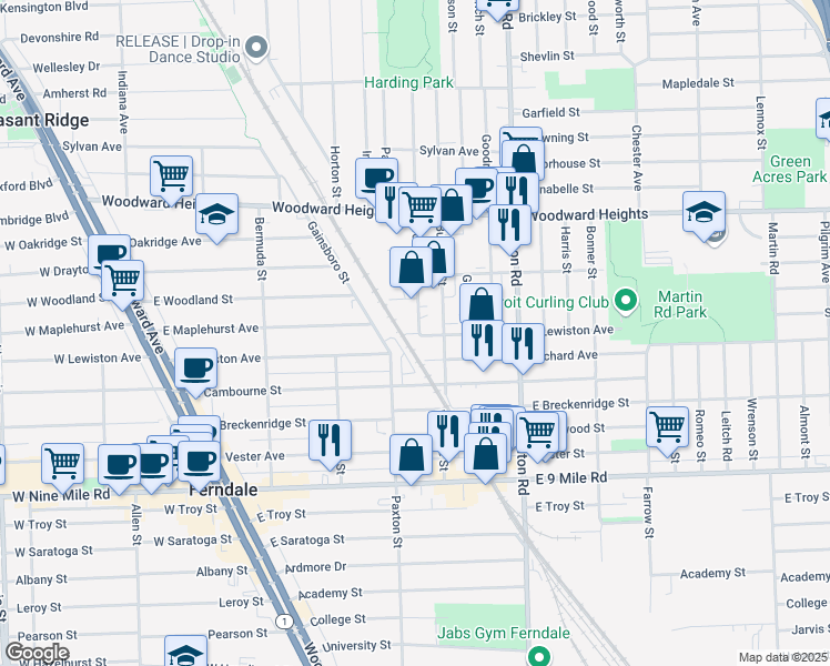 map of restaurants, bars, coffee shops, grocery stores, and more near 2301 Wolcott Street in Ferndale