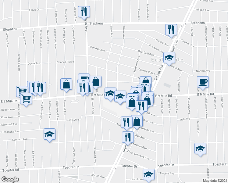 map of restaurants, bars, coffee shops, grocery stores, and more near 15321 East 9 Mile Road in Eastpointe