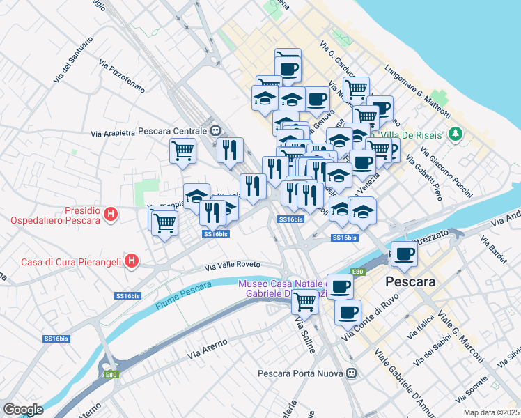 map of restaurants, bars, coffee shops, grocery stores, and more near 17 Via del Circuito in Pescara