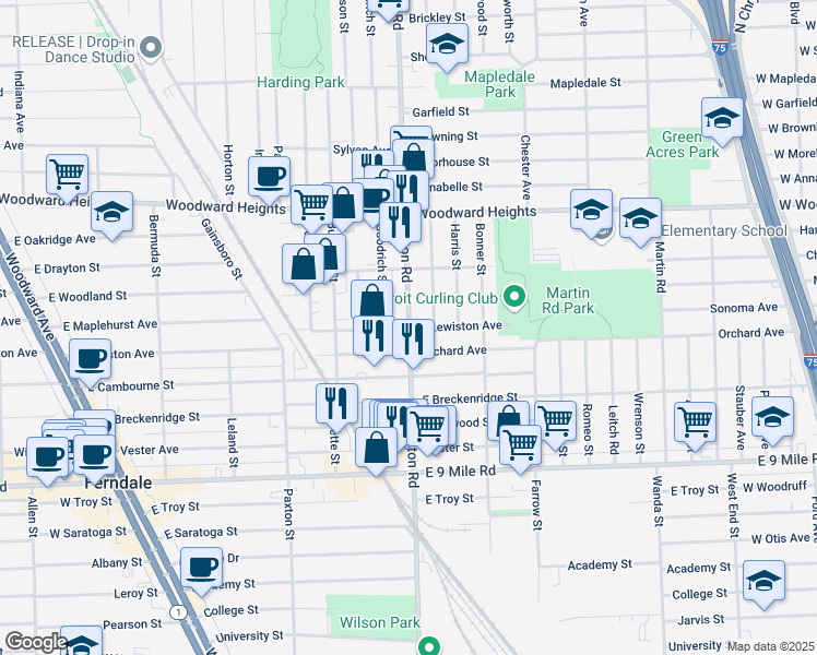 map of restaurants, bars, coffee shops, grocery stores, and more near 1098 E Lewiston Ave in Ferndale