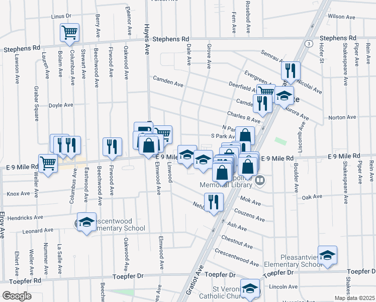 map of restaurants, bars, coffee shops, grocery stores, and more near 15329 East 9 Mile Road in Eastpointe