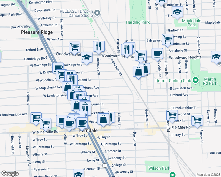 map of restaurants, bars, coffee shops, grocery stores, and more near 478 East Maplehurst Avenue in Ferndale