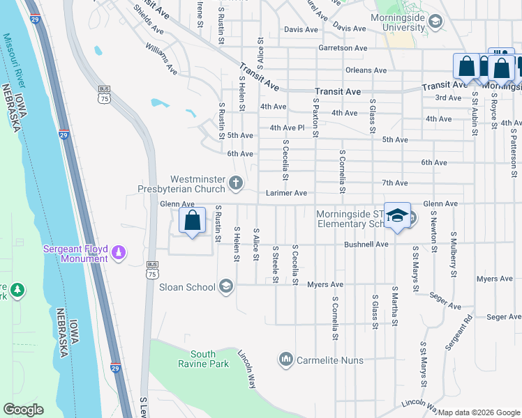 map of restaurants, bars, coffee shops, grocery stores, and more near 3100 Glenn Avenue in Sioux City