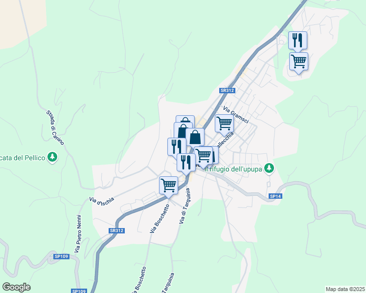 map of restaurants, bars, coffee shops, grocery stores, and more near Strada Statale 312 Castrese in Canino