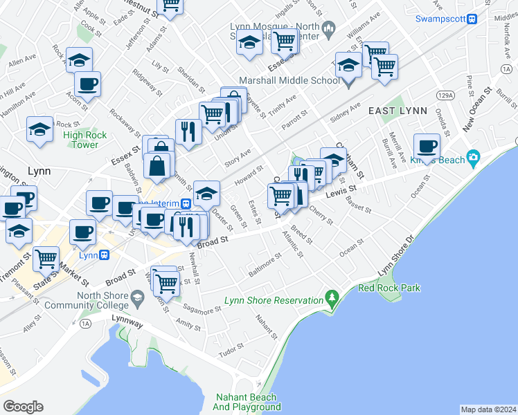 map of restaurants, bars, coffee shops, grocery stores, and more near 41 Estes Street in Lynn