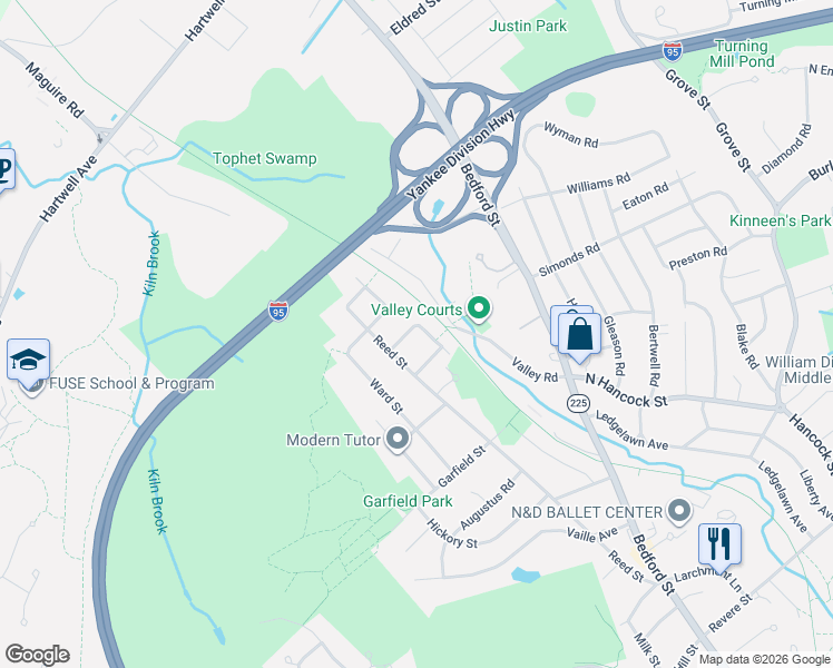 map of restaurants, bars, coffee shops, grocery stores, and more near 5 Park Street in Lexington