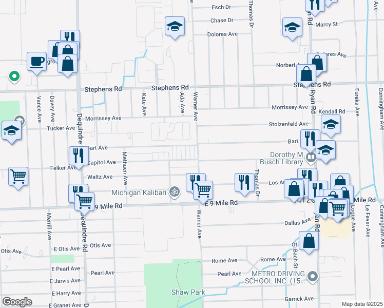 map of restaurants, bars, coffee shops, grocery stores, and more near 5 Warner Avenue in Warren