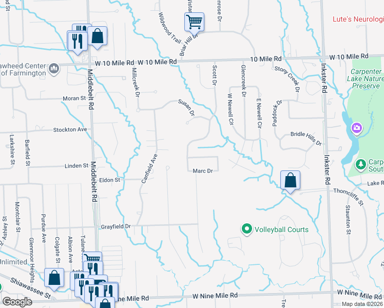 map of restaurants, bars, coffee shops, grocery stores, and more near 28654 Lorraine Drive in Farmington Hills