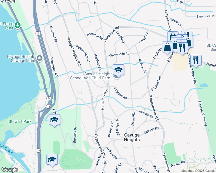 map of restaurants, bars, coffee shops, grocery stores, and more near 198 W Upland Rd in Ithaca