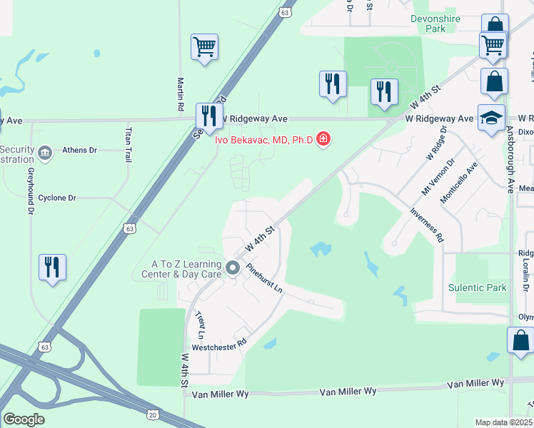 map of restaurants, bars, coffee shops, grocery stores, and more near 3470 Kingswood Pl in Waterloo