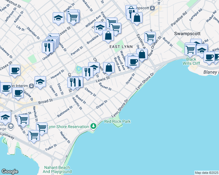 map of restaurants, bars, coffee shops, grocery stores, and more near 40 Basset Street in Lynn
