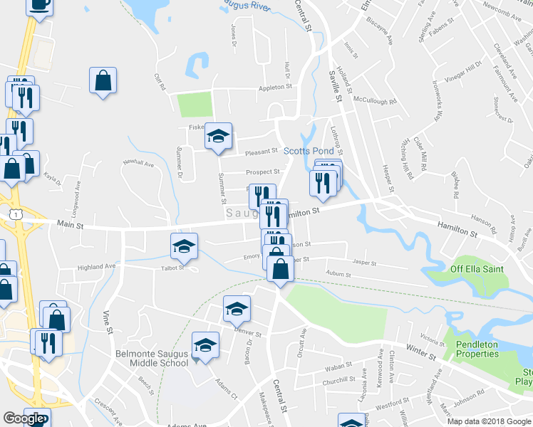 map of restaurants, bars, coffee shops, grocery stores, and more near 1 Main Street in Saugus
