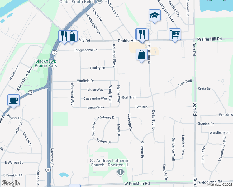 map of restaurants, bars, coffee shops, grocery stores, and more near 14118 Hanna Way in South Beloit