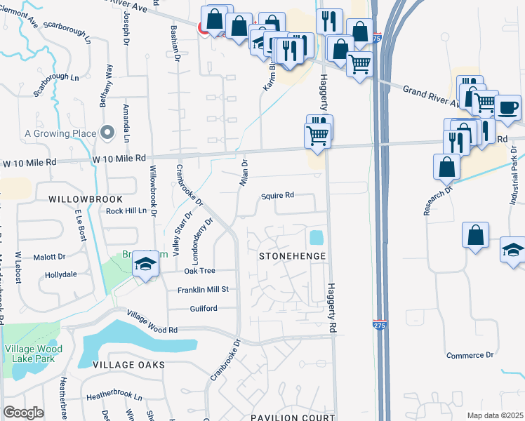 map of restaurants, bars, coffee shops, grocery stores, and more near 39785 Squire Road in Novi