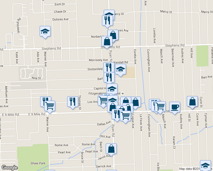 map of restaurants, bars, coffee shops, grocery stores, and more near 4055 Capitol Avenue in Warren