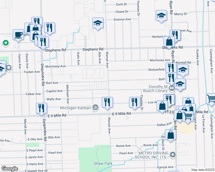 map of restaurants, bars, coffee shops, grocery stores, and more near 5 Warner Avenue in Warren