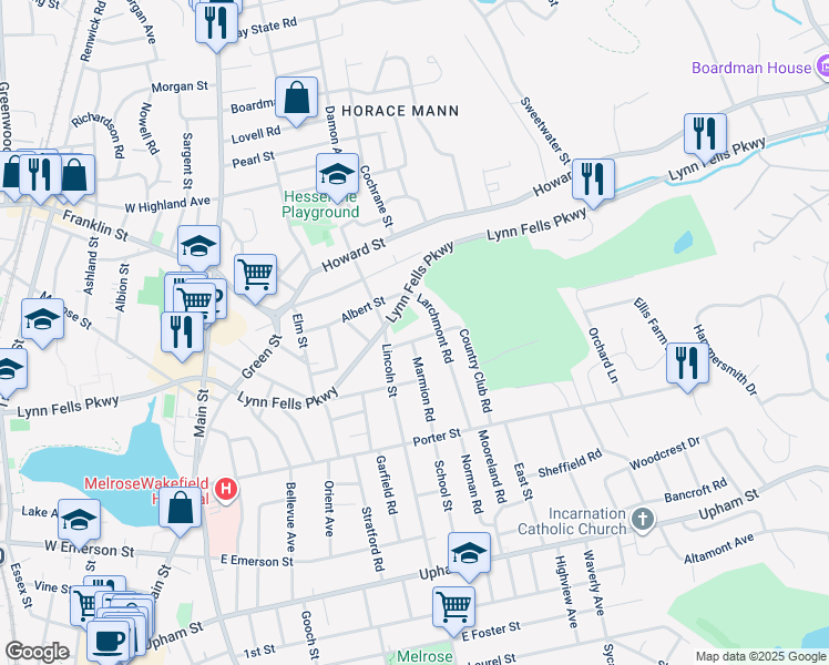 map of restaurants, bars, coffee shops, grocery stores, and more near 115 Country Club Road in Melrose
