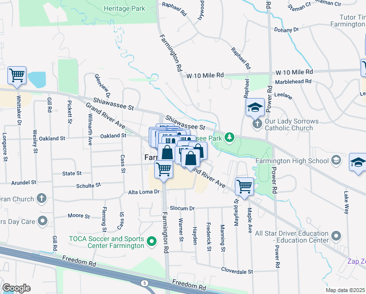 map of restaurants, bars, coffee shops, grocery stores, and more near 33300 Thomas Street in Farmington