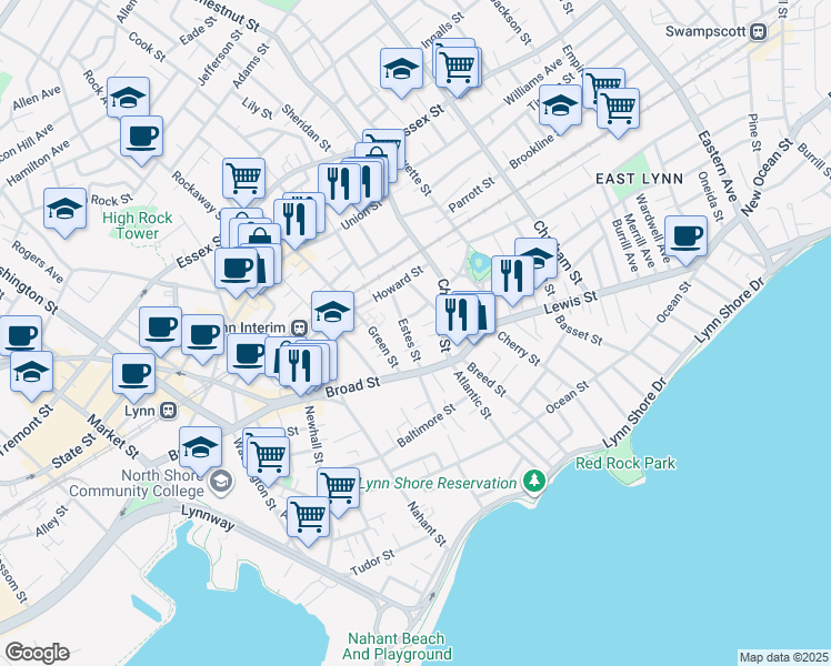map of restaurants, bars, coffee shops, grocery stores, and more near 44 Estes Street in Lynn