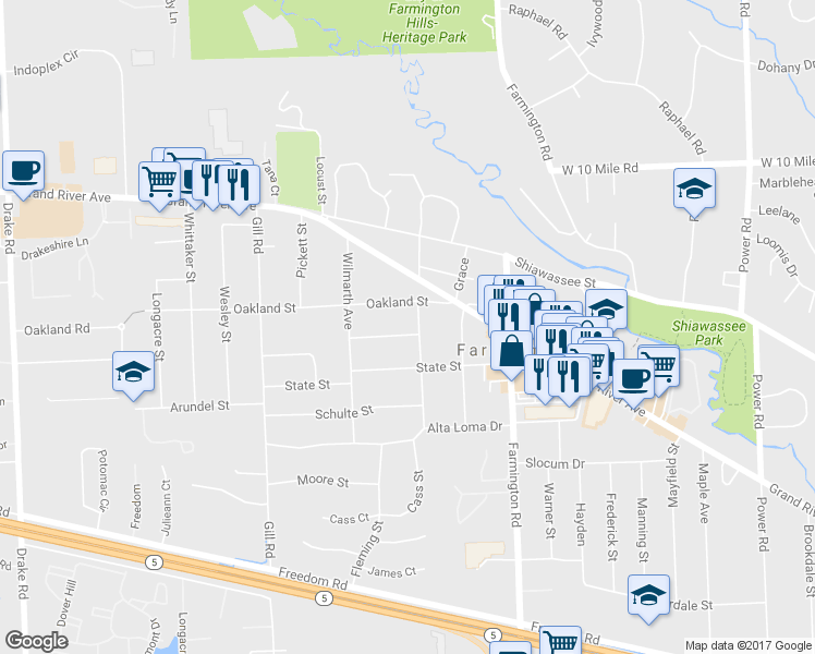 map of restaurants, bars, coffee shops, grocery stores, and more near 33714 Macomb Avenue in Farmington