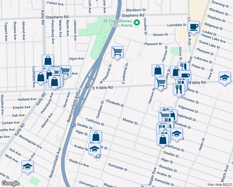 map of restaurants, bars, coffee shops, grocery stores, and more near 19900 East 9 Mile Road in St. Clair Shores