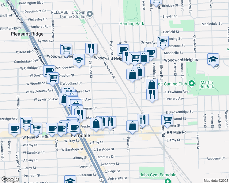 map of restaurants, bars, coffee shops, grocery stores, and more near 564 East Maplehurst Avenue in Ferndale