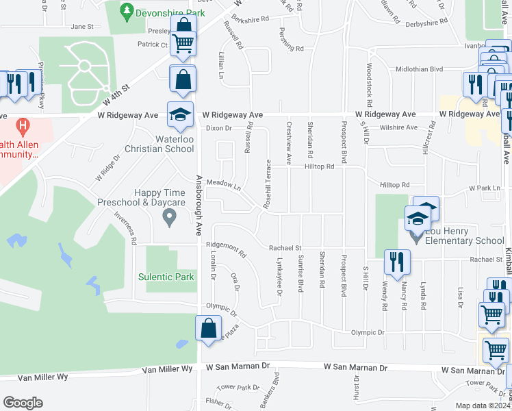 map of restaurants, bars, coffee shops, grocery stores, and more near 1159 Lantern Square in Waterloo