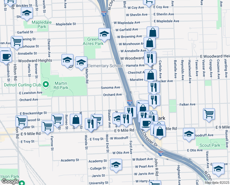 map of restaurants, bars, coffee shops, grocery stores, and more near 454 Orchard Avenue in Hazel Park