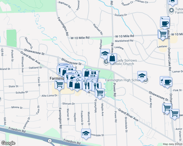 map of restaurants, bars, coffee shops, grocery stores, and more near 32401 Shiawassee Street in Farmington