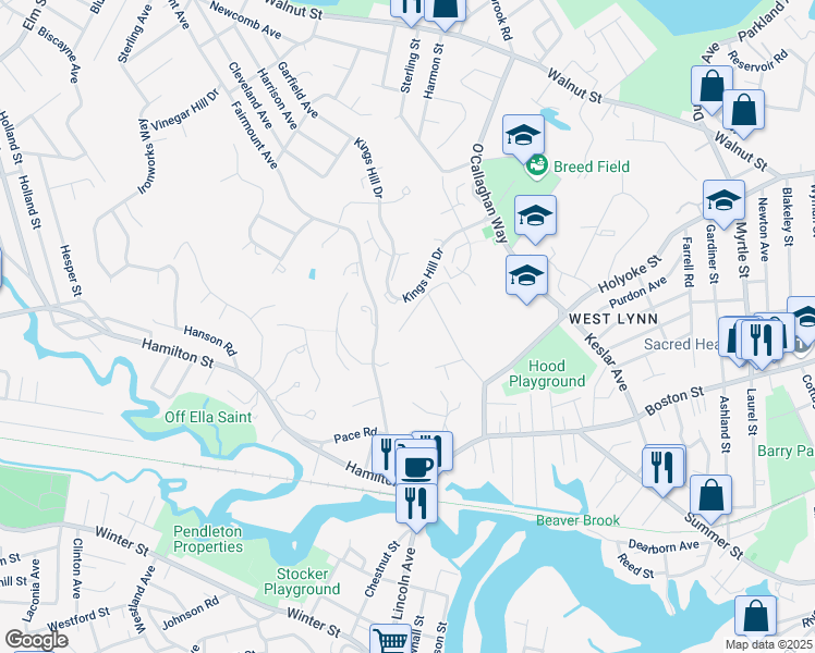 map of restaurants, bars, coffee shops, grocery stores, and more near 176 Webbacowitt Avenue in Lynn