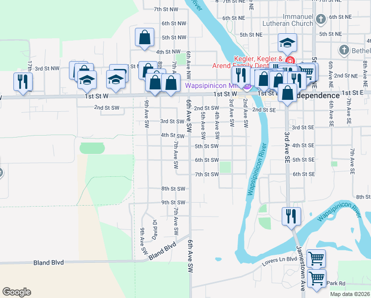 map of restaurants, bars, coffee shops, grocery stores, and more near 501 6th Avenue Southwest in Independence
